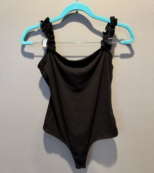 21 Saints Black Ribbed Bodysuit Ruffle Straps Size M